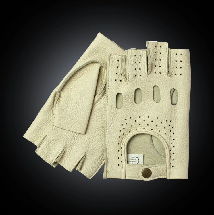 Krémové bezprstové kožené rukavice na riadenie z amerického jeleňa - Farba: Béžová, Veľkosť: 8,5